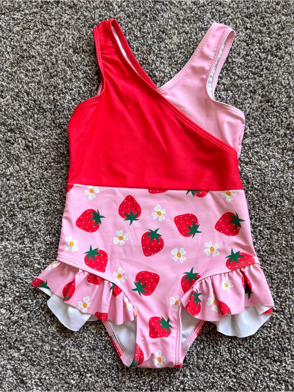 Girls One-Shoulder Strawberry Ruffle Swim Suit in Pink & Red